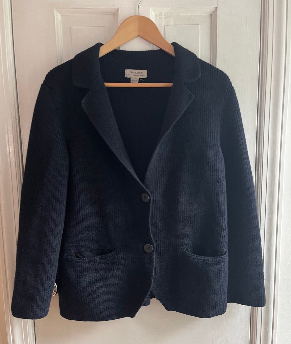 Falconeri Italian Wool Ribbed Knit Cardigan Blazer Jacket Navy Medium